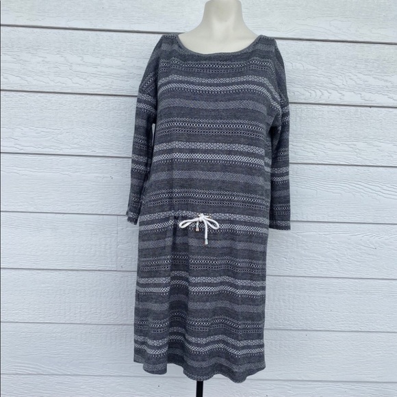 Sezane Gray & Black Striped Dress Drawstring Waist size Large - Picture 2 of 6